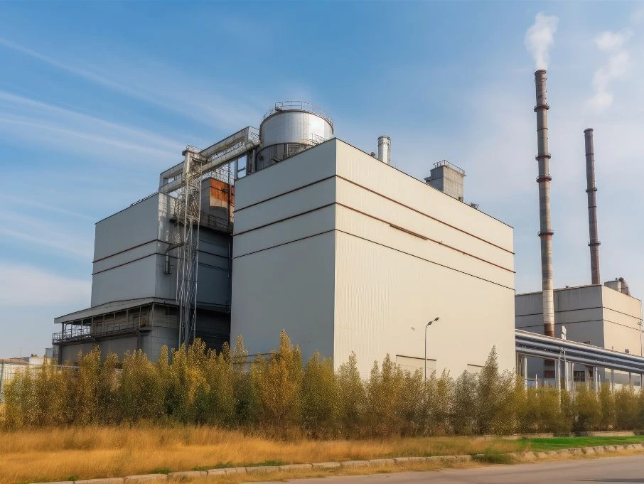 A large industrial plant featuring multi-storey pre-engineered buildings and prominent smoke stacks against a clear sky