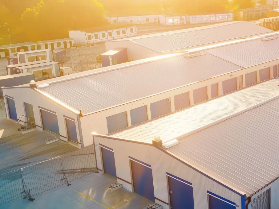 A large warehouse featuring multiple storage units, showcasing a pre-engineered building manufacturer’s facility