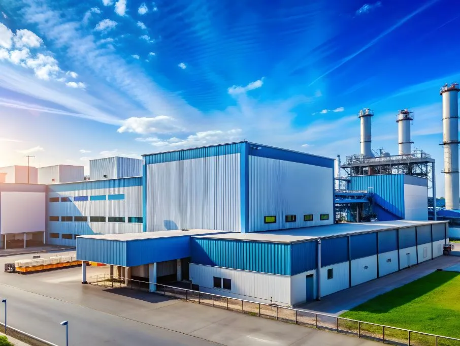 A-pre-engineered-industrial-plant-featuring-blue-and-white-buildings_-identified-as-Metal-Tree_-a-pr