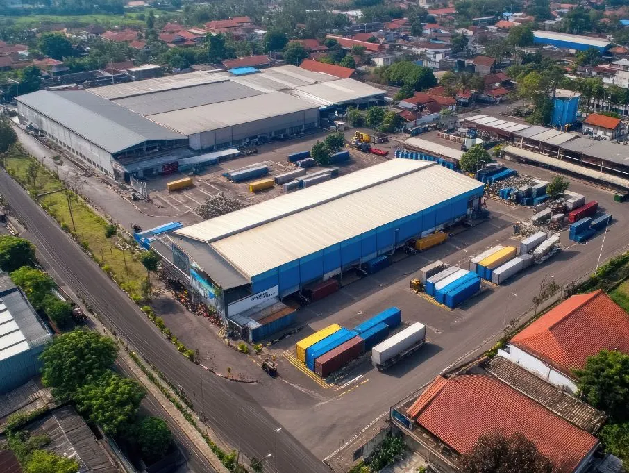 Aerial view of a warehouse with trucks parked in front, showcasing a pre-engineered building manufacturer’s facility