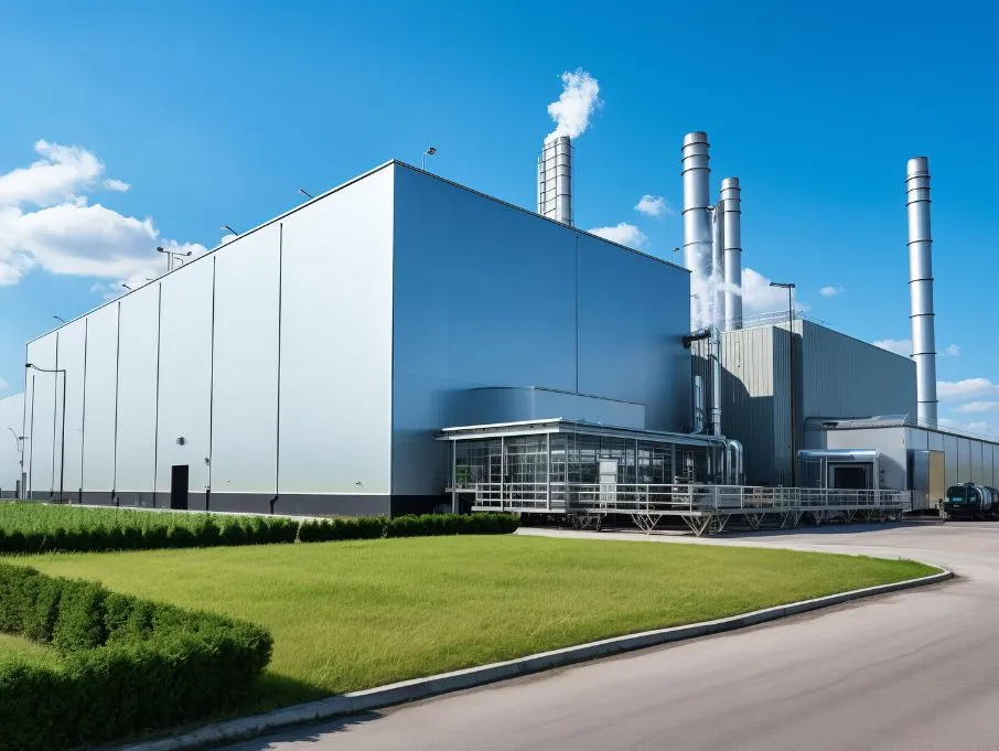 Large industrial building with smoke stacks, representing Metal Tree, a pre-engineered building manufacturer