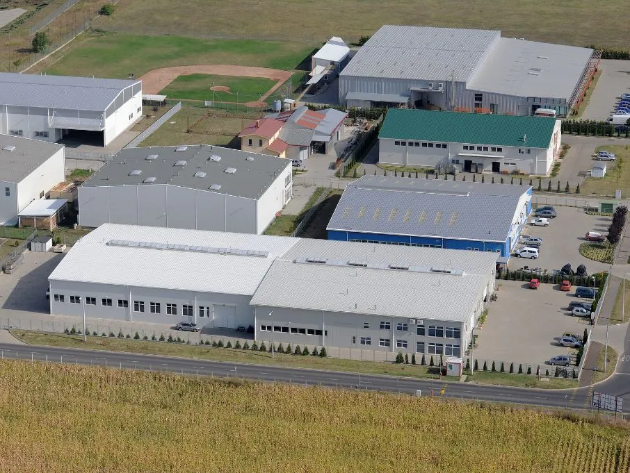 Overhead view of industrial structures, featuring a manufacturer of pre-engineered buildings
