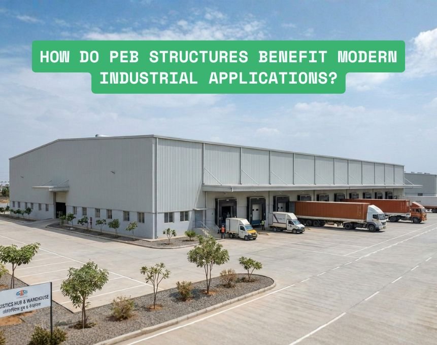 Modern pre-engineered steel warehouse with wide clear-span structure and loading bays for industrial logistics operations.