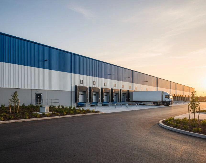 Exterior of a finished Metal Tree pre-engineered warehouse building with loading docks and delivery trucks.