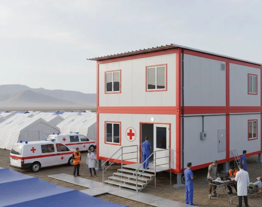Pre-engineered emergency building with insulated sandwich panels used as a medical or relief facility