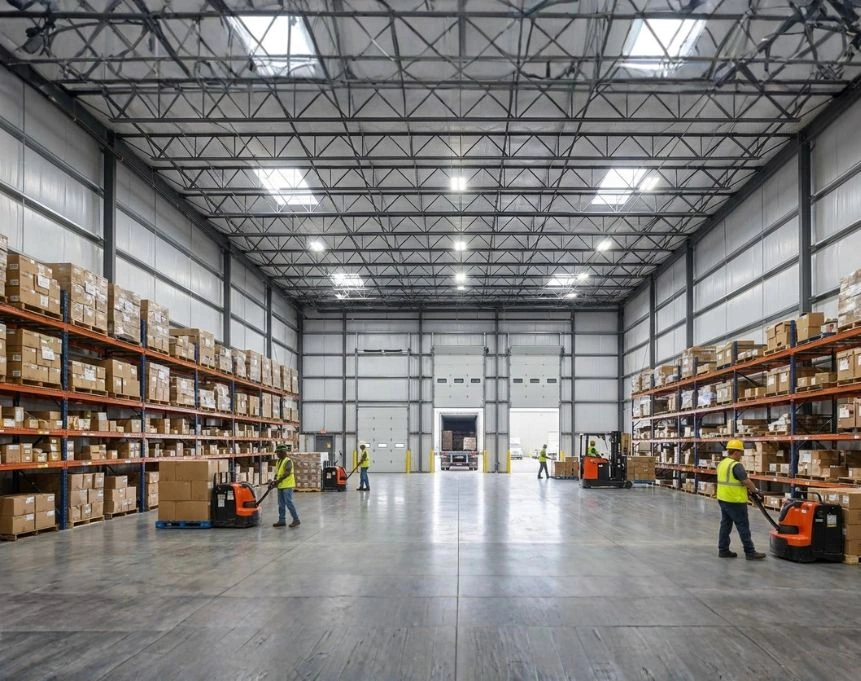 Pre-engineered warehouse building with racking, loading bays, and column-free storage space
