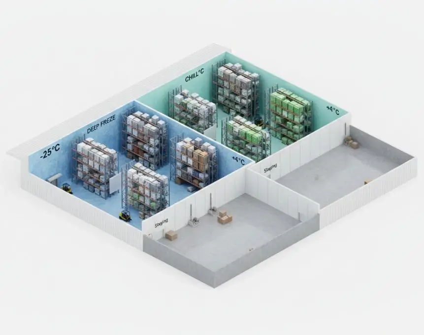 3D floor plan layout of a cold storage warehouse showing separate zones for frozen (-25°C), chilled (+4°C), and ambient storage.