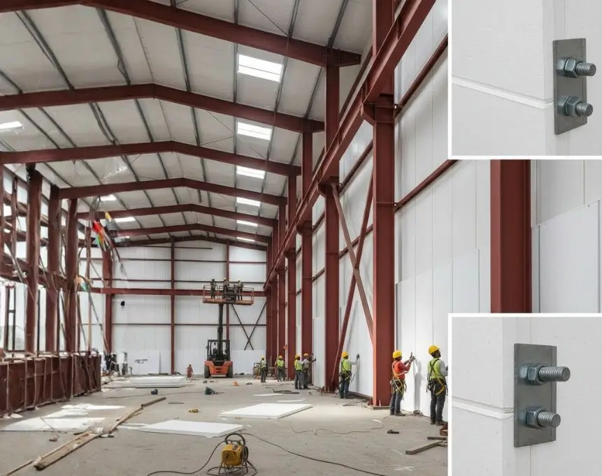 Interior view of a Metal Tree cold storage warehouse showing installation of 150mm PUF insulated sandwich panels on a steel PEB frame.