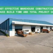 Modern cost-effective PEB warehouse exterior with blue steel cladding and loading docks in India.