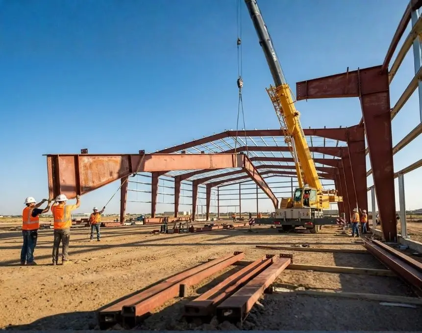 Crane assembling steel frames for a pre-engineered warehouse showing rapid construction speed.