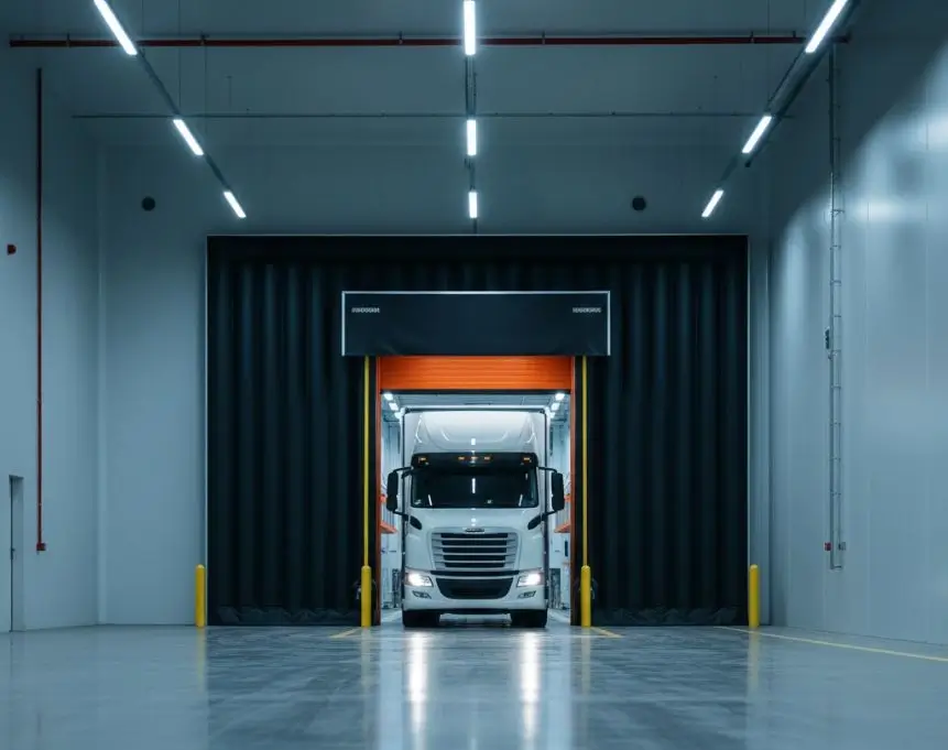 Automated high-speed doors and sealed dock shelters at a pharmaceutical cold storage facility in Maharashtra.