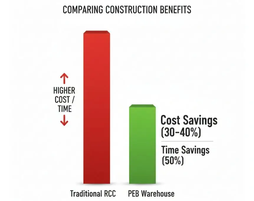 Chart comparing cost savings of PEB warehouse vs traditional RCC warehouse construction in India.