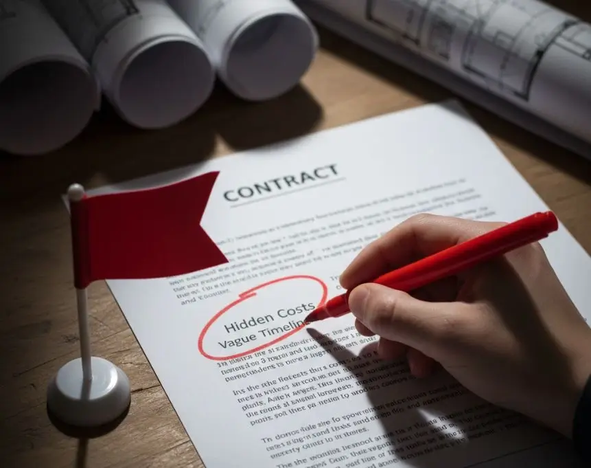 Concept image illustrating red flags in warehouse construction contracts, such as hidden costs and vague timelines.
