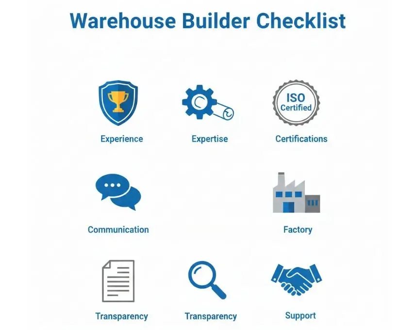 Infographic checklist for selecting a reliable warehouse construction company, showing experience, certifications, and transparency.