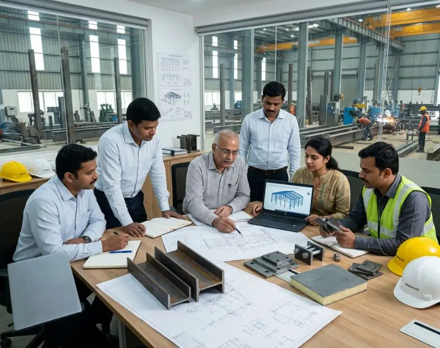 Indian Engineers Reviewing Steel Building Drawings And Prefab Components Inside A Prefabrication Facility