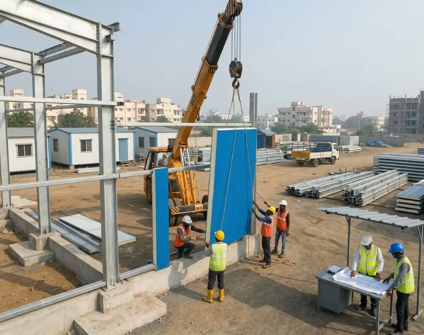 Installation Of A Prefabricated Steel Building In India Using Crane Lifted Insulated Wall Panels