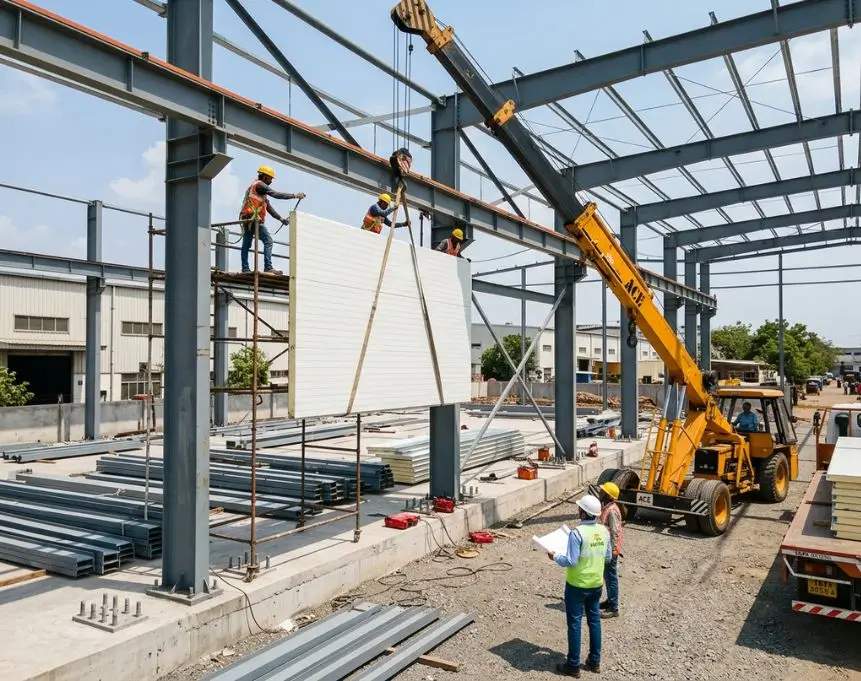 On Site Assembly Of A Prefabricated Steel Building In India With Crane Lifting Insulated Wall Panel