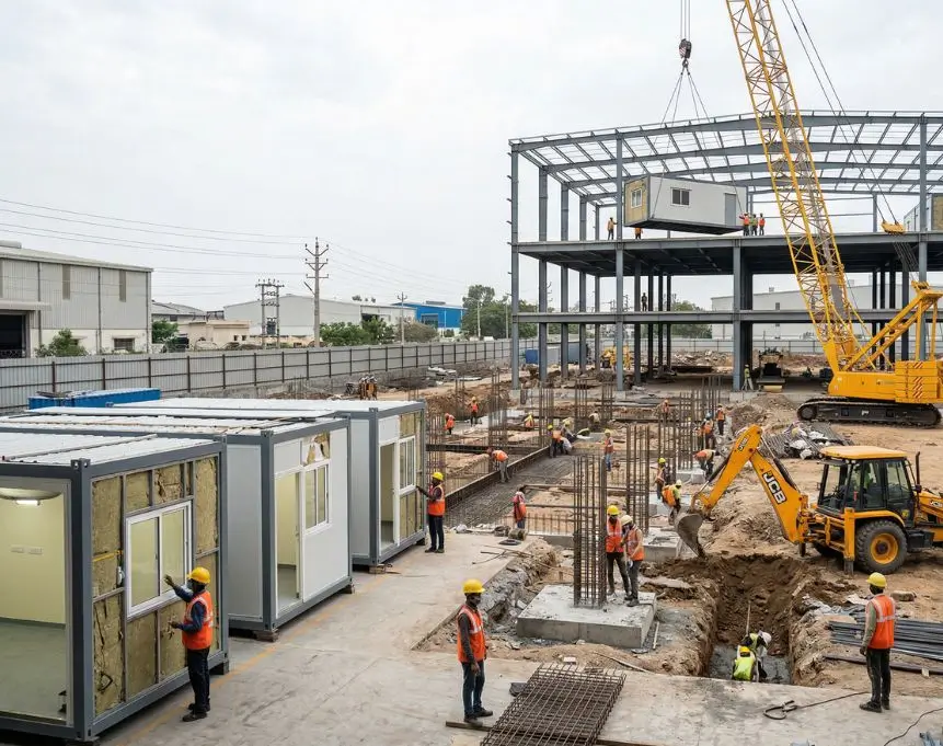 Parallel Modular Construction With Factory Built Units And On Site Foundation Work In India
