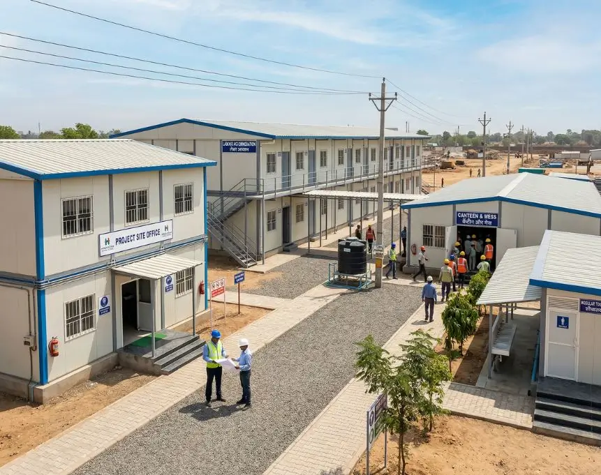 Prefab Site Office, Labour Accommodation, Canteen, And Toilet Block At An Indian Project Site