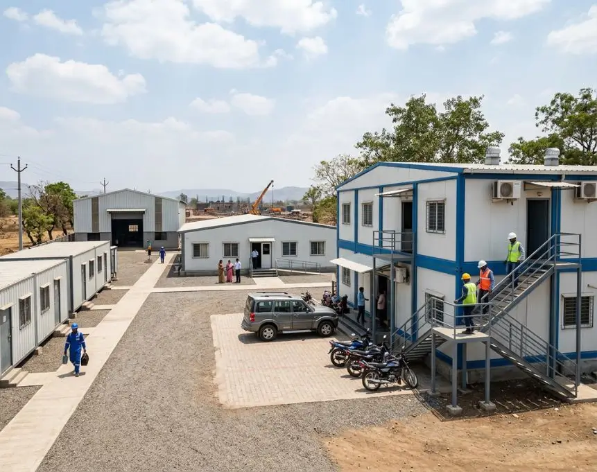 Prefab Site Office, Portable Cabins, Institutional Block, And Industrial Shed At An Indian Project Site