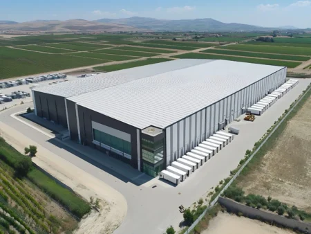 Pre Engineered Warehouse With Large Amount Trucks Parked