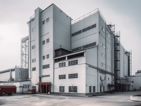 A Large Pre Engineered Multi Storey Industrial Building With A Red Truck Parked In Front