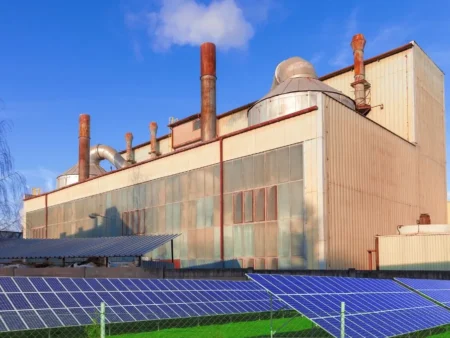 A Solar Panel Array Installed In Front Of A Pre Engineered Building Factory Showcasing Renewable Energy