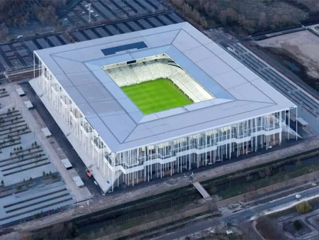 Birds Eye View Of A Soccer Stadium In A Pre Engineered Sports Complex Displaying The Layout Of The Field And Spectator Sections