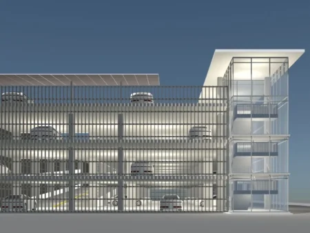 Pre Engineered Parking Garage With Several Cars Parked Inside