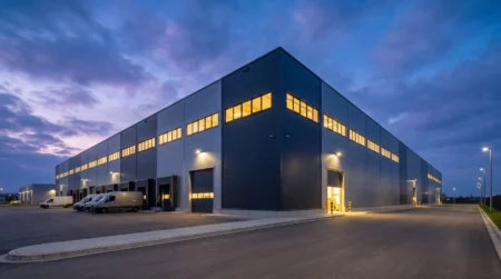 A Completed Massive Modern Pre Engineered Warehouse With Sleek Metal Cladding And Insulated Panels