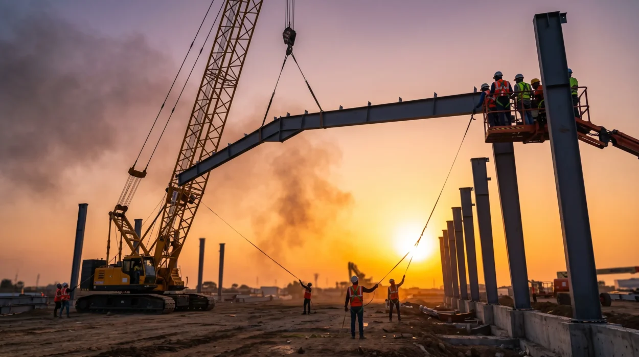 A Crane Lifting Massive Peb Steel Rafters And Columns Into Place For A Warehouse, Construction Workers Guiding The Steel, Golden Hour Sunlight