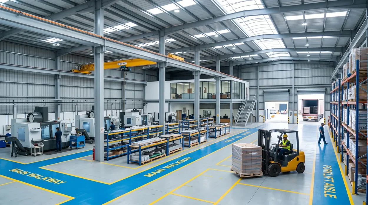 A Highly Organized Peb Factory Floor, A Forklift Moving Neatly Stacked Materials Along Marked Safety Aisles