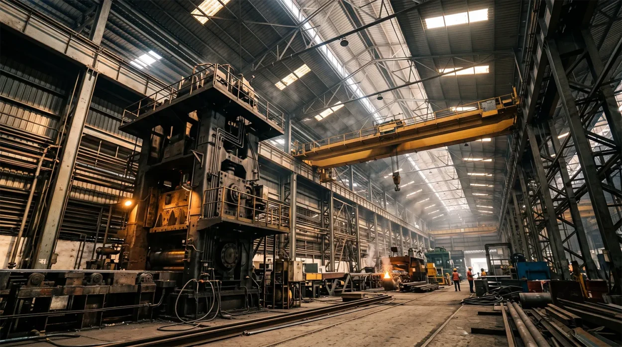 A Massive Steel Factory, Showing A Tall Industrial Machine And Generous Clear Vertical Height Up To The Steel Roof Rafters