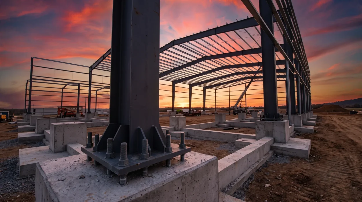 A Steel Pre Engineered Building Frame Anchored To A Concrete Foundation