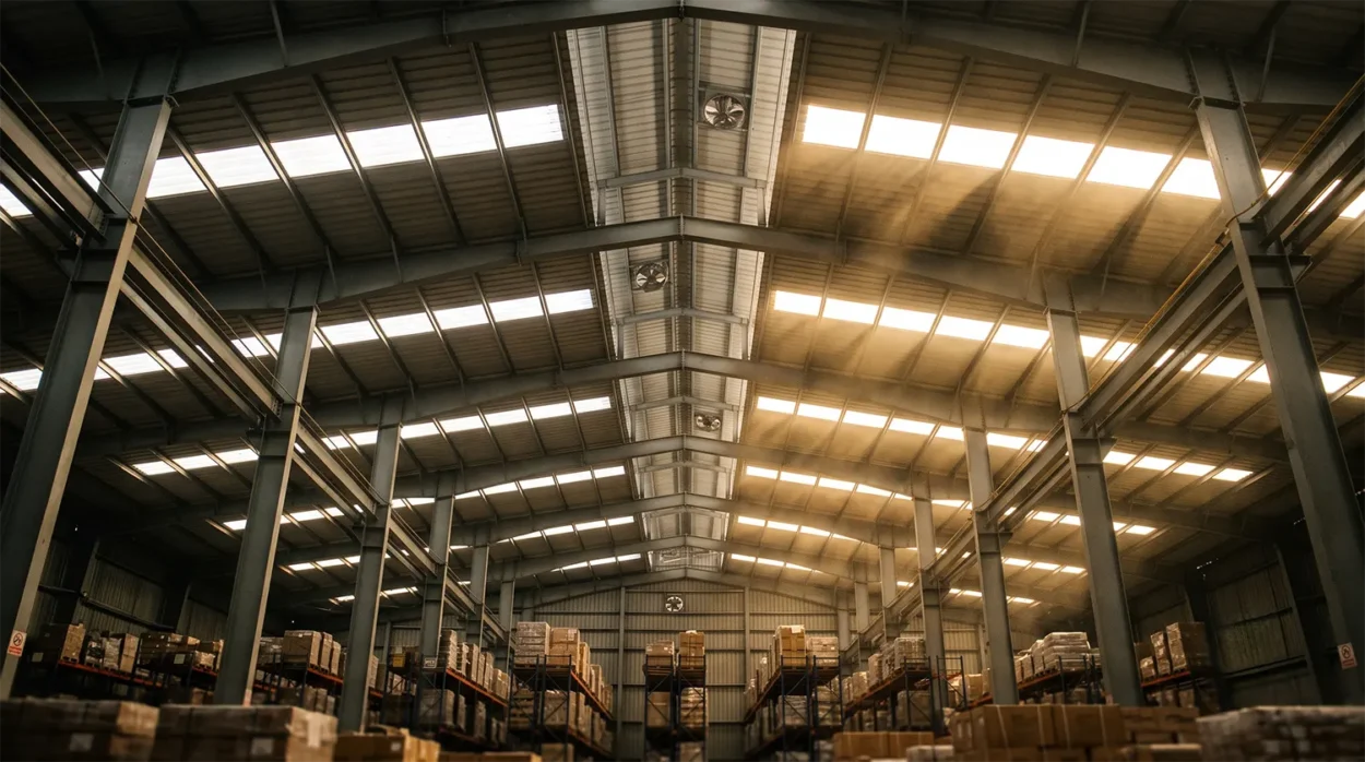 A Vast Warehouse Steel Roof Featuring Translucent Polycarbonate Skylights