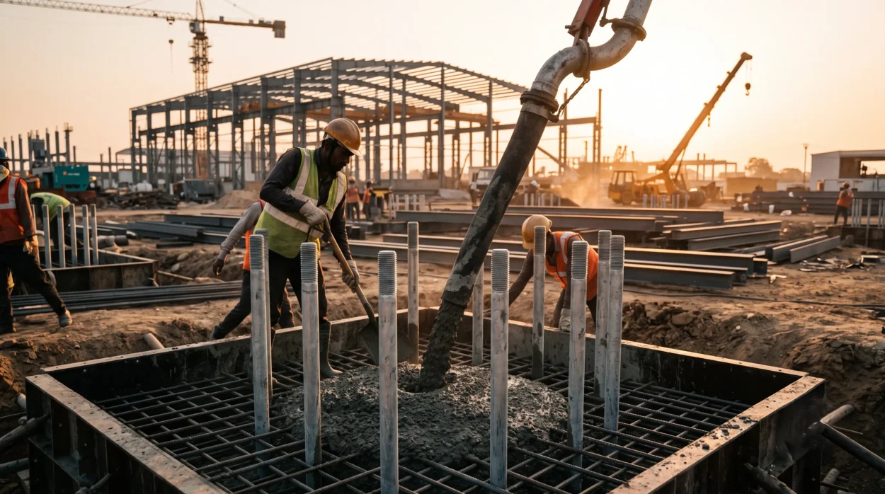 An Industrial Construction Site With Concrete Being Poured Around Steel Anchor Bolts