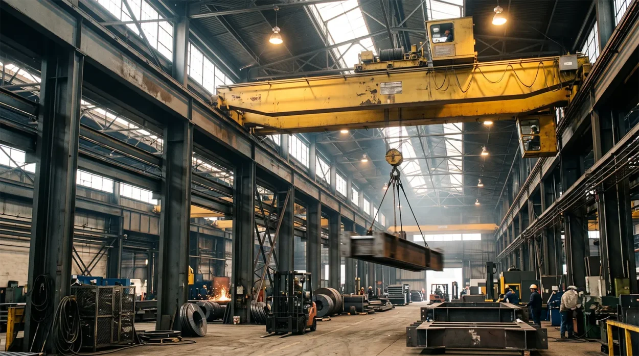 An Industrial Heavy Manufacturing Warehouse, Featuring Thick Steel Columns Supporting A Massive Yellow Overhead Crane Moving Materials