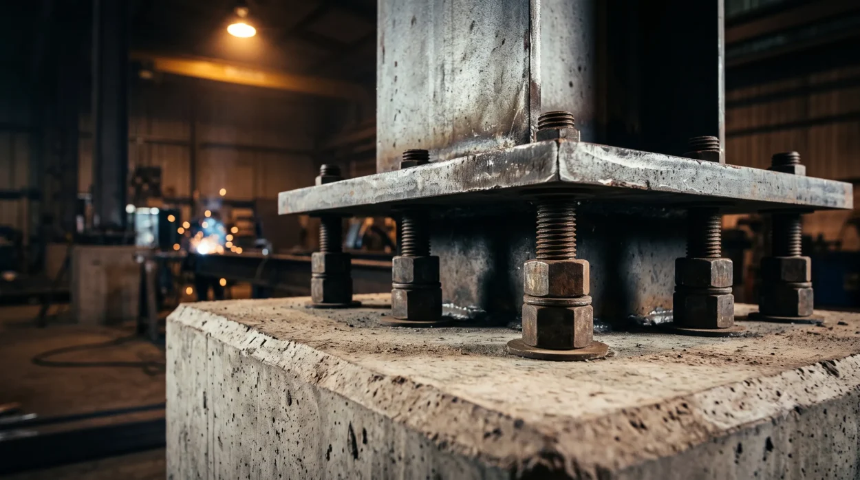 Close Up Of Heavy Steel Anchor Bolts In A Concrete Pedestal Connecting To A Steel Column Base Plate