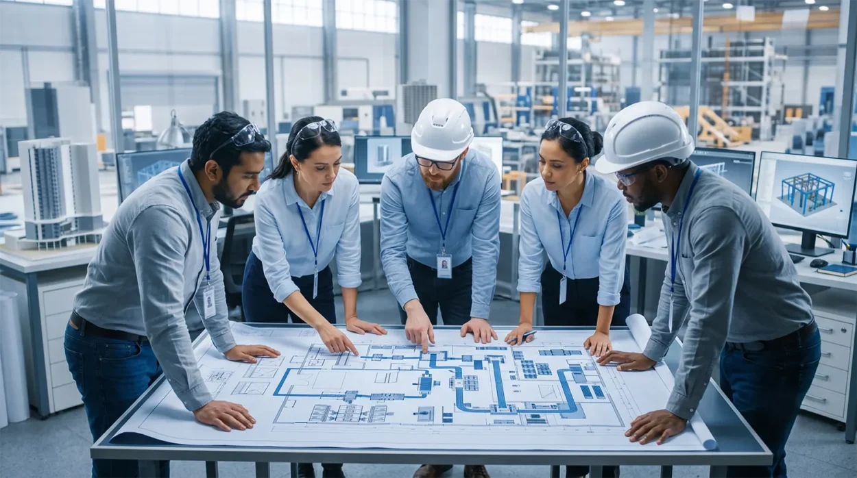 Engineers Looking At A Large Factory Floor Plan Blueprint, Industrial Design Concept
