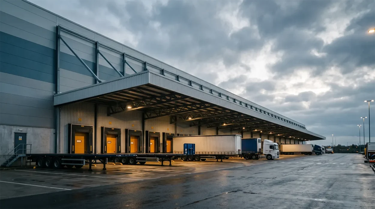 Exterior Shot Of A Large Warehouse Loading Dock With Multiple Trucks Parked