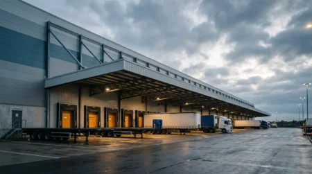 Exterior Shot Of A Large Warehouse Loading Dock With Multiple Trucks Parked
