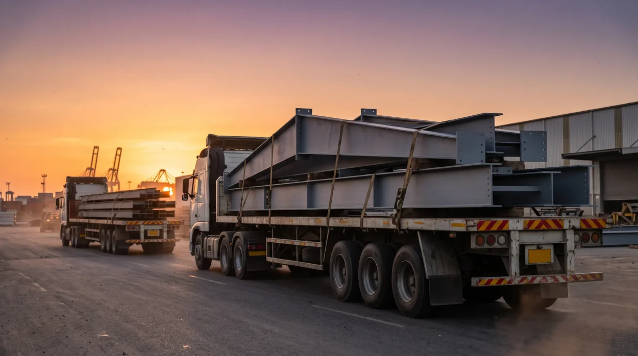 Heavy Duty Flatbed Trucks Transporting Massive Painted Peb Steel Beams On A Highway At Sunrise