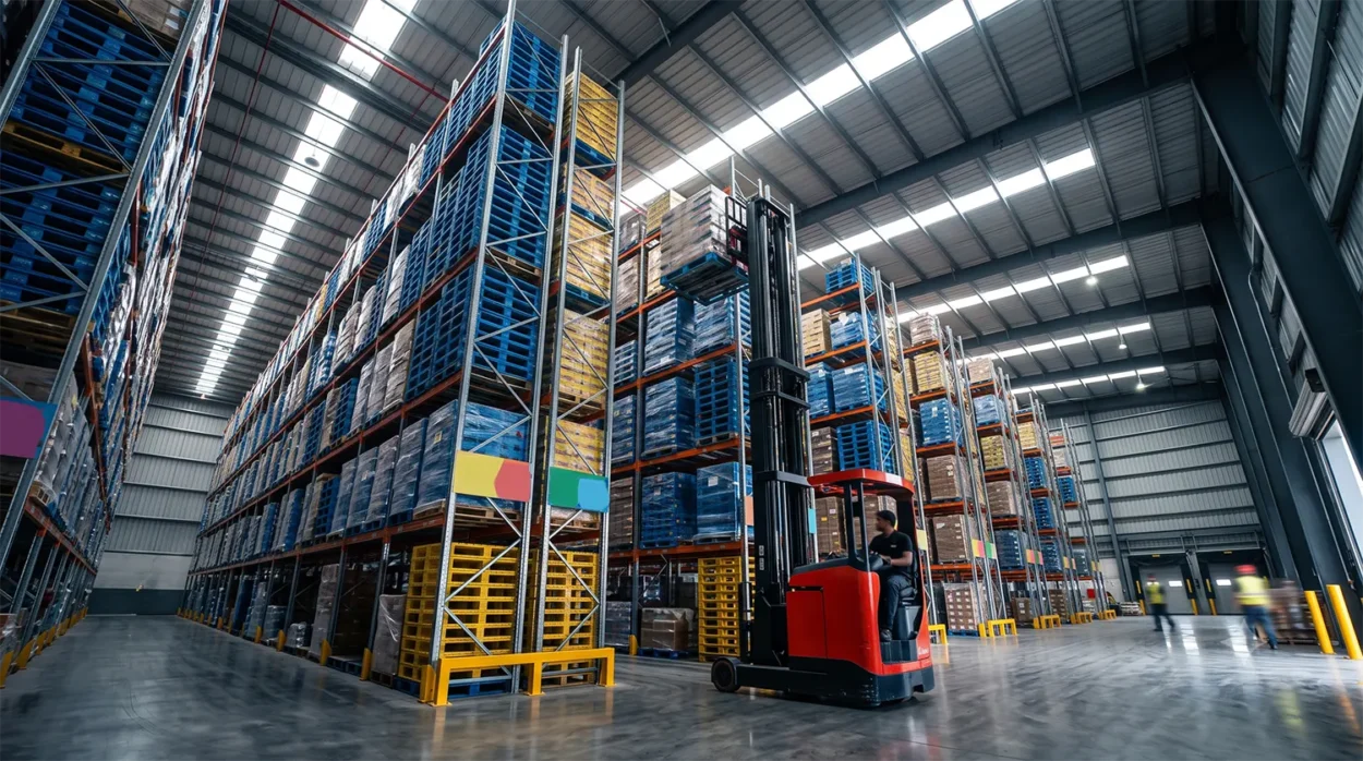 Interior View Of A Modern Warehouse With High Tier Multi Level Pallet Racking Systems