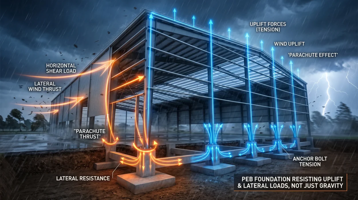 Visualization Of A Large Steel Peb Warehouse In A Windstorm With Glowing Lines Showing Wind Forces On The Foundation
