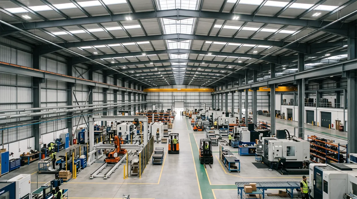 Wide Shot Of A Vast Column Free Peb Factory Interior, Wide Clear Span Steel Structure, Flexible Manufacturing Floor Space