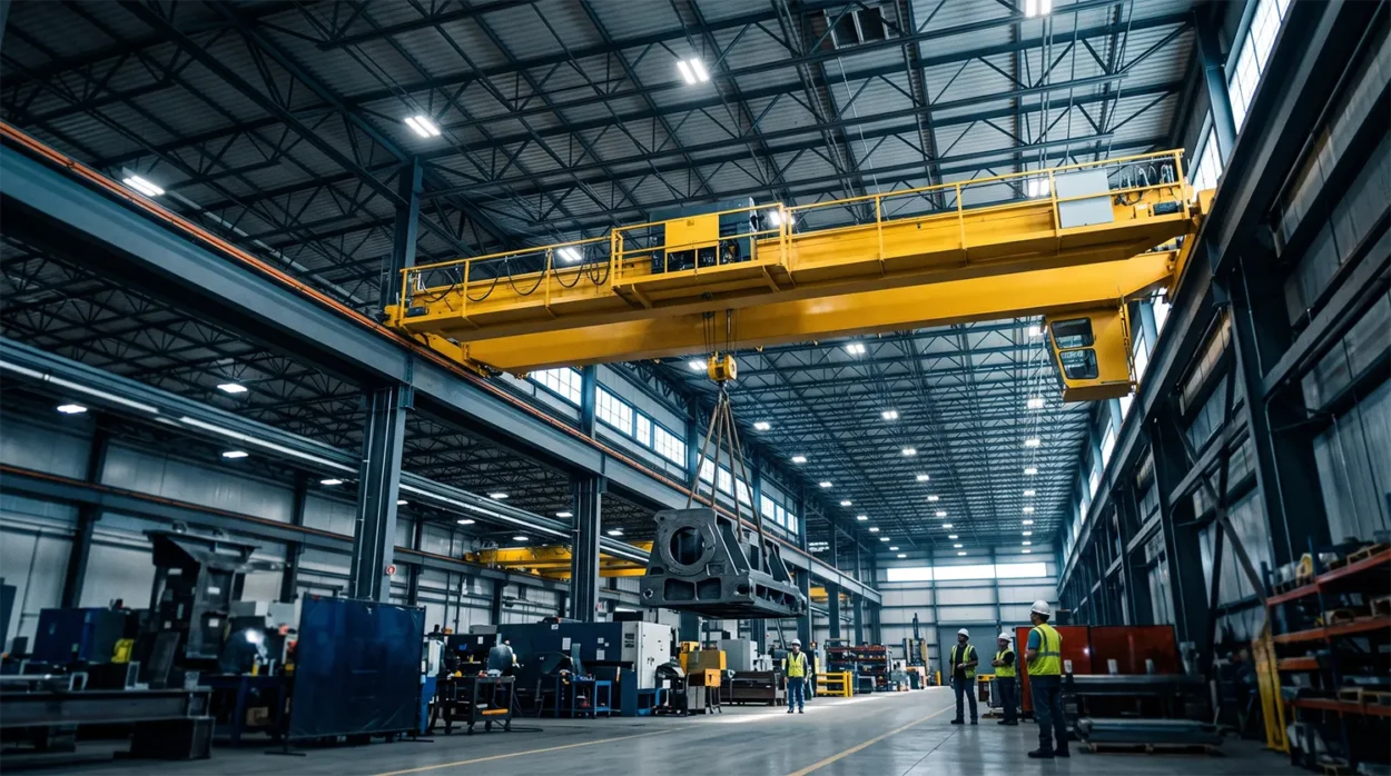 Yellow Overhead Crane Moving Along Steel Girders Near The Roof Of A Modern Peb Factory, Lifting An Industrial Component